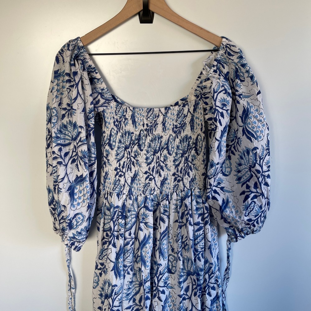 GROWKRATI Smocked Maxi Dress‎ Blue White Floral Print Square Neck Puff Sleeve M - Picture 2 of 8